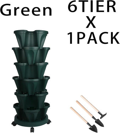 Vertical Planter 6 Tier Stackable Planters Garden Planters Strawberry Herb Flower and Vegetable Planter Indoor Outdoor Gardening Pots with Removable Wheels and Tools