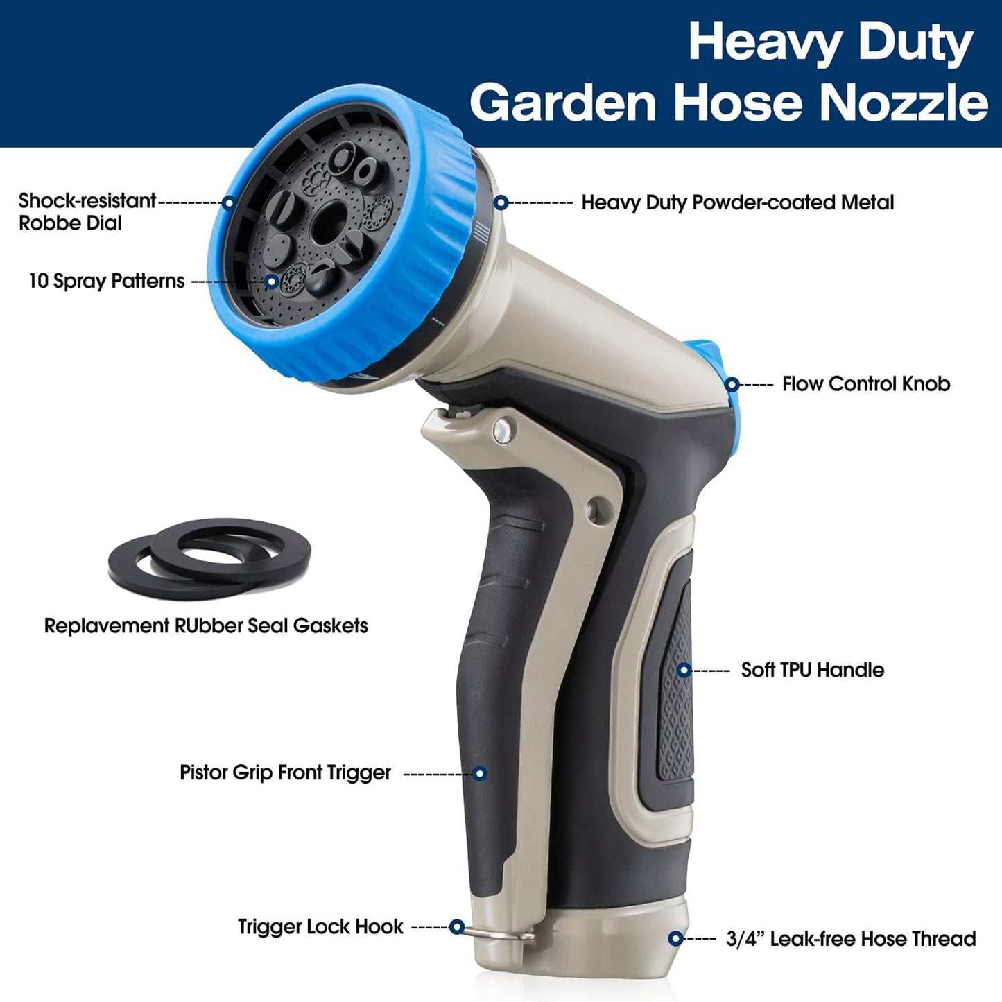 Garden Hose Nozzle - Heavy Duty Metal Water Hose Nozzle, High Pressure Water Nozzle with 9 Adjustable Spray Patterns for Watering Plants, Lawn, Washing Cars, Cleaning & Showering Pets