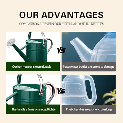 Metal Watering Can for Outdoor and Indoor Plants, Watering Can Decor, 1 Gallon (Green Stainless Steel Handle)