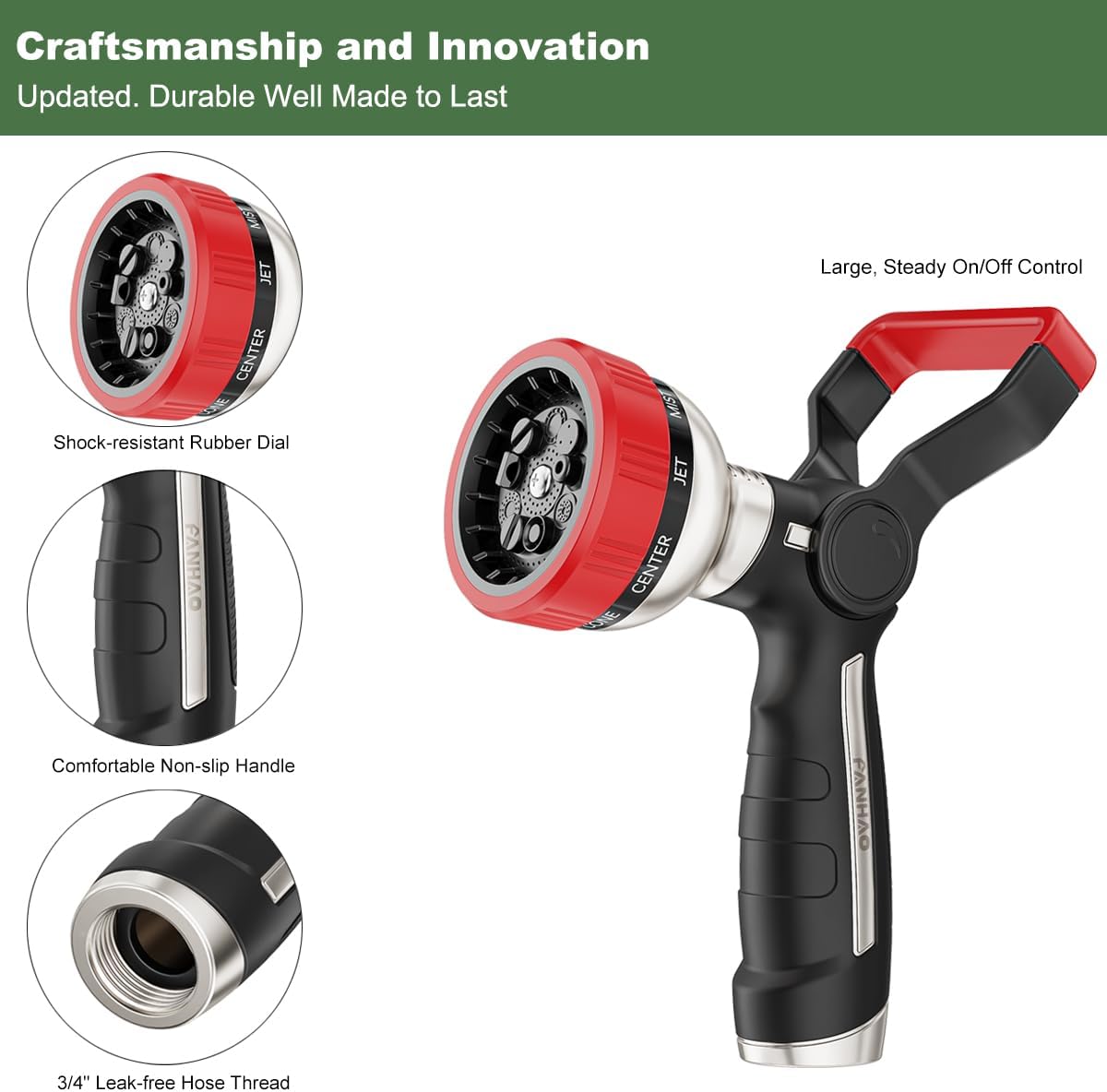 FANHAO Fireman Style Garden Hose Nozzle, Heavy Duty Metal Fire Water Nozzle with 9 Spray Patterns, High Power Hose Sprayer Nozzle with Lever Control for Garden Watering, Car & Pets Washing