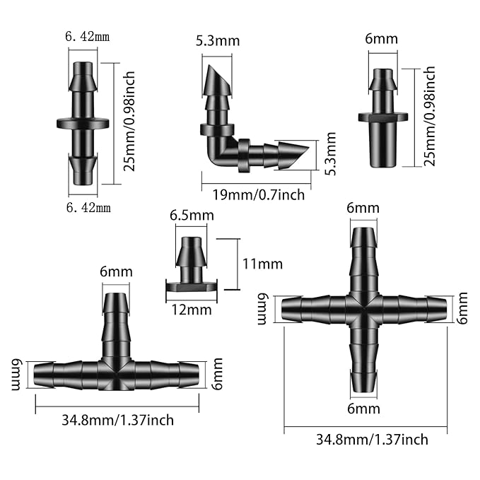 300 Pcs Barbed Connectors Drip Irrigation Fittings Kit, 1/4" Drip Irrigation Kit for Garden Flower Pot Greenhouse Lawn (Straight Barbs,Single Barbs,Tees,Elbows,End Plug,4-Way Coupling)