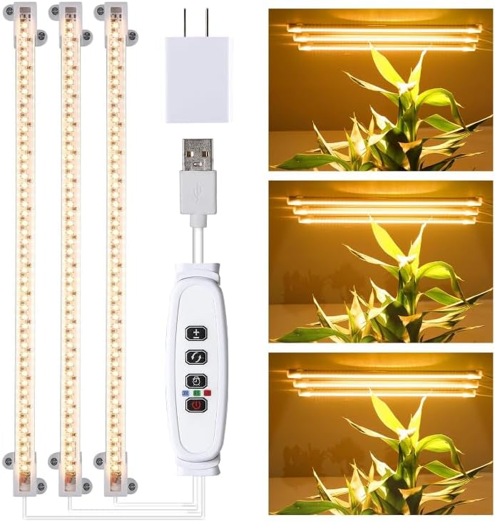 3 Head LED Grow Light Strips for Indoor Plants Full Spectrum 3500K, 144 LEDs Plant Light Bar with 3/9/12H Timer, 10 Dimmable Levels for Seedling Succulent, 13 Inches