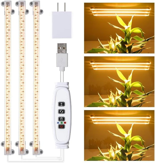 3 Head LED Grow Light Strips for Indoor Plants Full Spectrum 3500K, 144 LEDs Plant Light Bar with 3/9/12H Timer, 10 Dimmable Levels for Seedling Succulent, 13 Inches