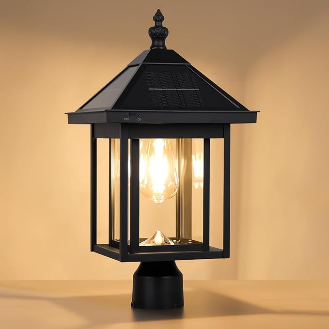 KMC Lighting ST4343Q-B Solar Post Light Outdoor Waterproof Black Aluminum Upgrade 300 LM for Post Lawn Yard Pathway Garden Entryways Decoration