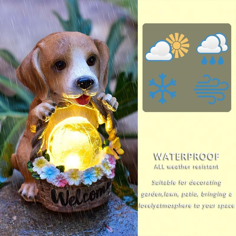 Solar Dog Statue for Outdoor Light Garden Yard Decor - Pupppy Figure for Decoration Gifts for Granpa Birthdays & Dog Lovers