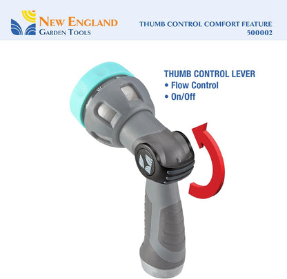 Garden Hose Nozzle 9 Pattern Metal Water Sprayer 500002 with Thumb Control and Comfort Grip by New England Garden Tools for Cleaning, Watering Plants & Yards, Washing Cars & Pets