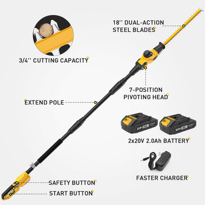 Pole Hedge Trimmer Cordless, 9-Feet Reach Power Hedge Trimmer with Extension Pole, MAX 20-inch, Multi-Angle, 2 * 2.0Ah Battery and Fast Charger Included