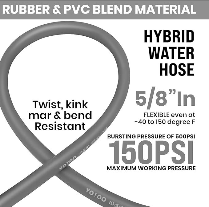 YOTOO Heavy Duty Hybrid Garden Lead in Water Hose 5/8-Inch by 5-Feet 150 PSI, Kink Resistant, All-Weather Flexible with Swivel Grip Handle and 3/4" GHT Solid Brass Fittings, Gray