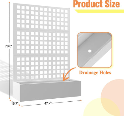 Metal Planter Box with Trellis & Wheels, Raised Garden Bed with Privacy Screen, Outdoor Standing Flower Beds with Drainage Hole for Climbing Plants, Vine, 47" Lx16 Wx71 H