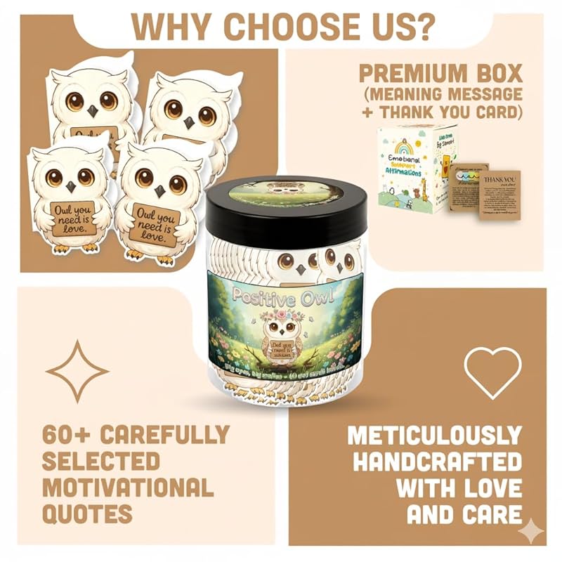 Positive Owl Jar With 60 Affirmation Cards – Emotional Support Owl Gifts For Women, Stress Relief And Daily Encouragement, Owl Themed Gifts, Positive Affirmations Cards, Office Decor For Women