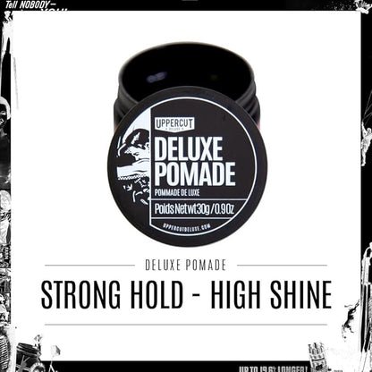 UPPERCUT DELUXE Deluxe Pomade, 0.9 oz / 30g - Strong Hold, High Shine Hair Pomade – Water-Based, Easy Washout – Classic Barber Styling for Slick Backs, Side Parts & Pompadours