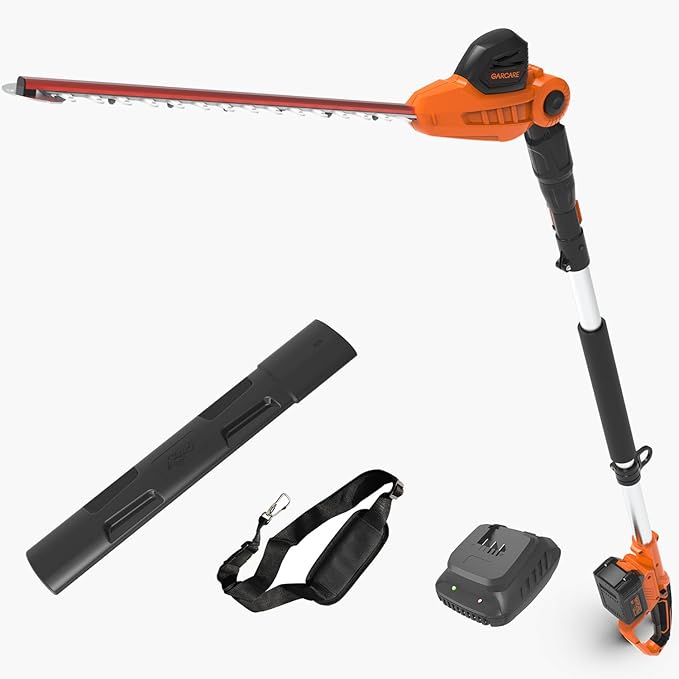 GARCARE Pole Hedge Trimmer Cordless-Hedge Clippers 20V 4.0Ah Li-ion Battery Electric Bush Trimmer 18" Cutting Blade, 16mm Cutting Space with Extension Pole