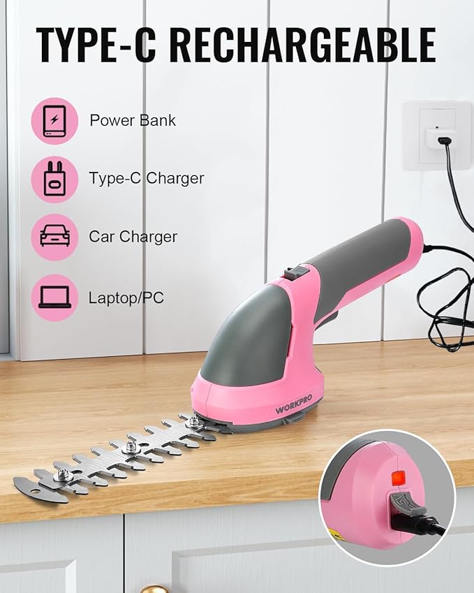 WORKPRO Cordless Grass Shear & Shrubbery Trimmer - 2 in 1 Handheld Hedge Trimmer 7.2V Electric Grass Trimmer Hedge Shears/Grass Cutter Rechargeable Lithium-Ion Battery and Type-C Cable - Pink Ribbon