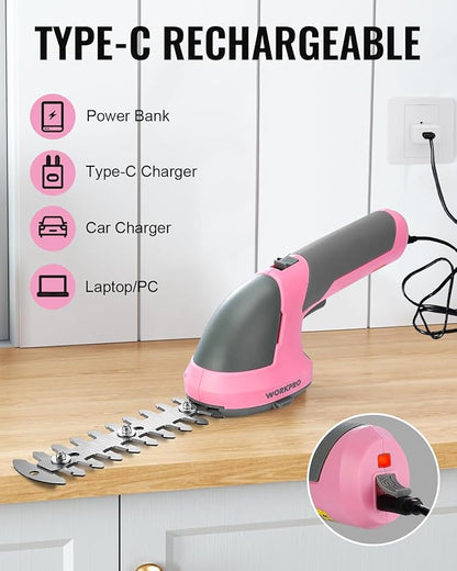 WORKPRO Cordless Grass Shear & Shrubbery Trimmer - 2 in 1 Handheld Hedge Trimmer 7.2V Electric Grass Trimmer Hedge Shears/Grass Cutter Rechargeable Lithium-Ion Battery and Type-C Cable - Pink Ribbon