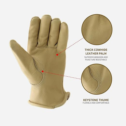 HLDD HANDLANDY 2 Pairs Cowhide Leather Work Gloves with Reinforced Palm for Men & Women (Light Brown-12pairs, X-Large (Pack of 12))