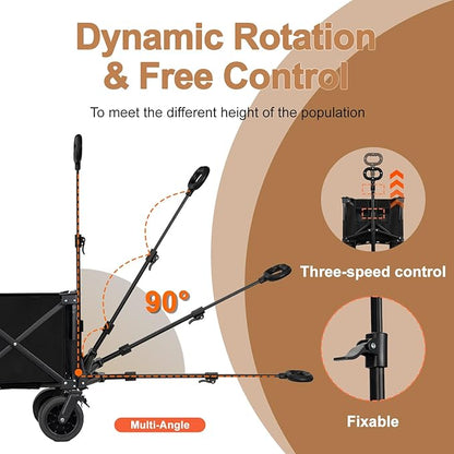 Collapsible Beach Wagon Cart with Big Wheels, 440LBS Upgrade Large Capacity Folding Wagon, Foldable Grocery Cart with Side Pocket and Brakes, Ideal for Sand Camping Outdoor Garden Sports, Black