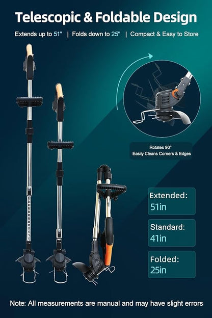 Cordless String Trimmer, Weed Wacker, Nylon Trimmer Head as Its Core Cutting Accessory, Telescopic Shaft and Foldable, 2 x Batteries, String Trimmer Cordless, Black