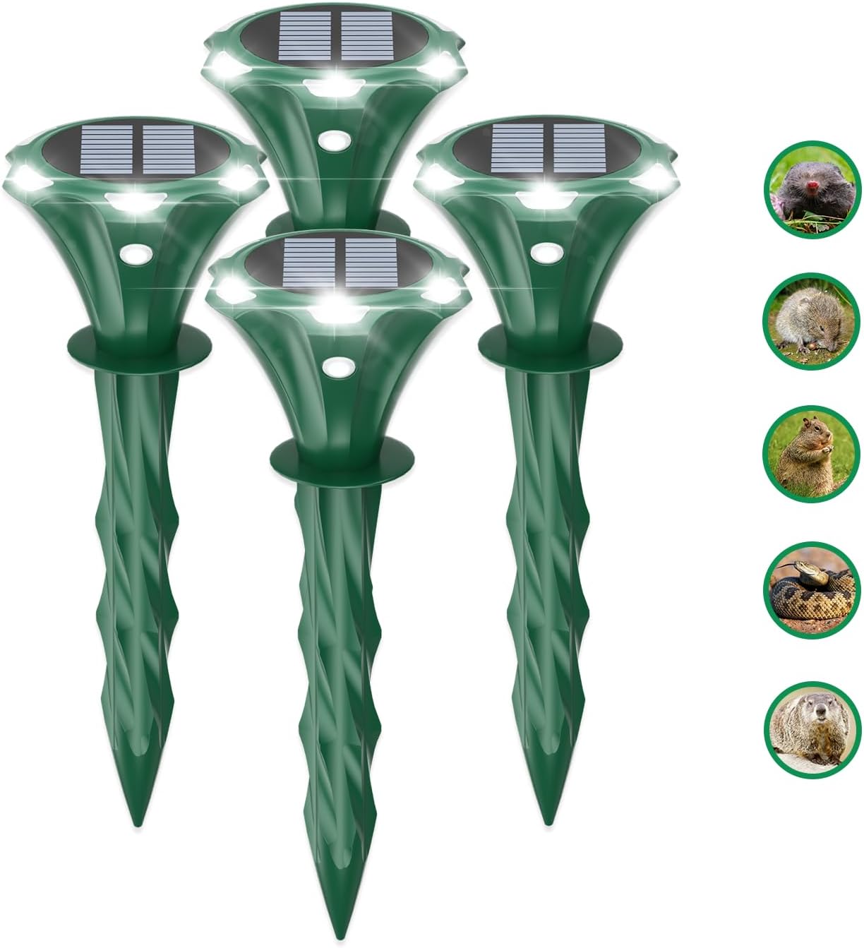 Mole Repellent Solar Powered Ultrasonic Solar Mole Deterrent Stakes for Lawn, Gophers Groundhog Snake Voles Rat Repellent for Yard Outdoor, Auto LED Lights at Night (Pack of 4)