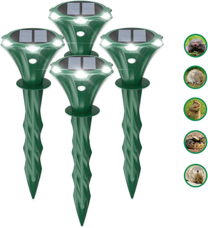 Mole Repellent Solar Powered Ultrasonic Solar Mole Deterrent Stakes for Lawn, Gophers Groundhog Snake Voles Rat Repellent for Yard Outdoor, Auto LED Lights at Night (Pack of 4)