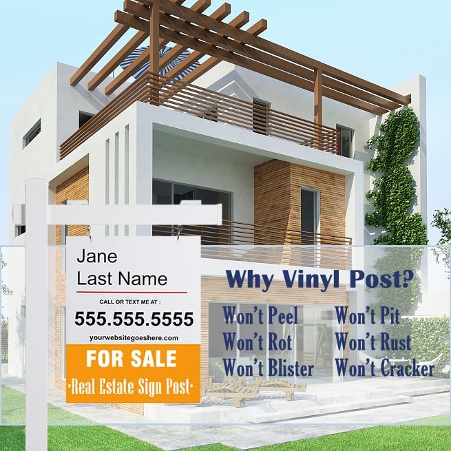 Vinyl PVC Real Estate Sign Post 6' Tall (4"x 4"x 72"), Realtor Yard Sign Post with Flat Cap for Open House and Home for Sale, 36" Arm Holds Up to 24" Sign, White (No Sign), 2-Pack