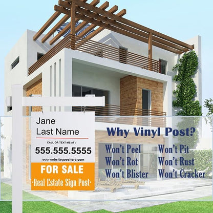 Vinyl PVC Real Estate Sign Post 6' Tall (4"x 4"x 72"), Realtor Yard Sign Post with Flat Cap for Open House and Home for Sale, 36" Arm Holds Up to 24" Sign, White (No Sign), 2-Pack