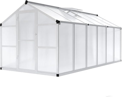 8x12 ft Greenhouse, Large Aluminum Greenhouses for Outdoors, Heavy Duty Polycarbonate Greenhouse with Roof Vent, Walk-in Green Houses for Winter Garden, Backyard, Patio, Lawn, Easy Assembly