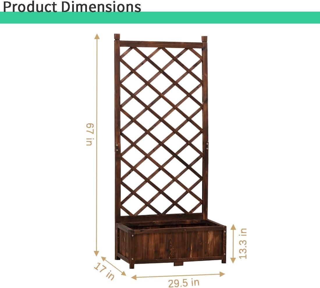 Anraja Raised Garden Bed Planter with Trellis Outdoor Wood Box 67in Flower Standing Planter Box Privacy Lattice Panels with Legs for Patio Porch w/Drainage Holes 29.5" L x 17.0" W x 67.0" H