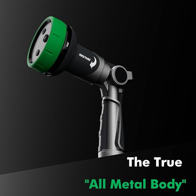 RESTMO 2-IN-1 Garden Hose Nozzle, Heavy Duty Metal Water Hose Nozzle with 4 Spray Patterns, Magic Twist and Thumb Flow Control, Ideal for Watering Plants & Lawns, Washing Cars & Pets, Green