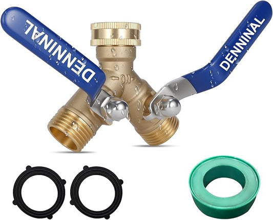 Brass Garden Hose Splitter 2 Way Heavy Duty with 304 Stainless Steel Long Handle, Outdoor Full Flow Hose Bib Splitter Connector, Y Valve 3/4 Inch GHT Thread