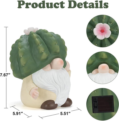 Solar Cactus Gnome Statue Garden Decor Light - Outdoor Decorative LED Flower, Suitable for Patio, Lawnand Garden Decorations, Gifts for Mom