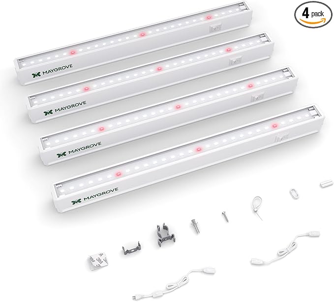 Plant Grow Lights 1FT, Red-Enhanced Full Spectrum 5000K, 28W(4 x 7W), T5 LED Grow Light Strips for Leafy Greens and Vegetables, High PPFD, Linkable, White, 4-Pack