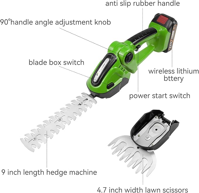 Hedge Trimmer Cordless, TOOVEM 2 in 1 Handheld Cordless Grass Shear with 2 Pcs Rechargeable Batterys and Charger, 24V Electric Weed Grass Cutter Shrubbery Trimmer for Garden, Lawn (Green)