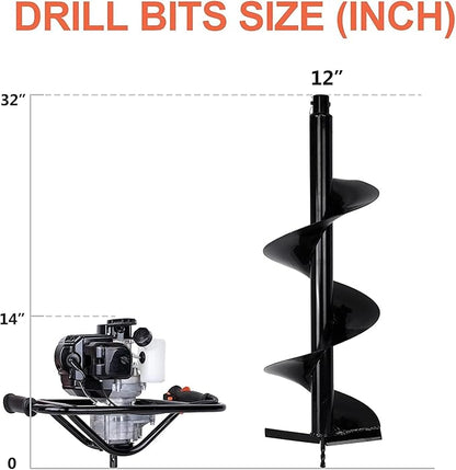 DC HOUSE 52cc 1800W Gas Powered Earth Auger EPA Certified Post Hole Digger, with Drill Bit 12 inch, Mixing Ratio 30:1, for Fence, Farmland and Garden