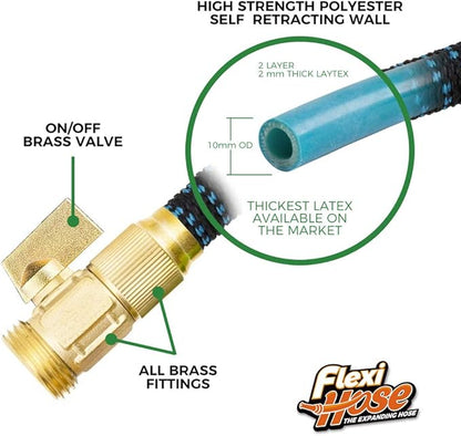 Flexi Hose with 8 Function Nozzle, 25FT - Lightweight Expandable Garden Hose, No-Kink Flexibility, 3/4 Inch Solid Brass Fittings and Double Latex Core