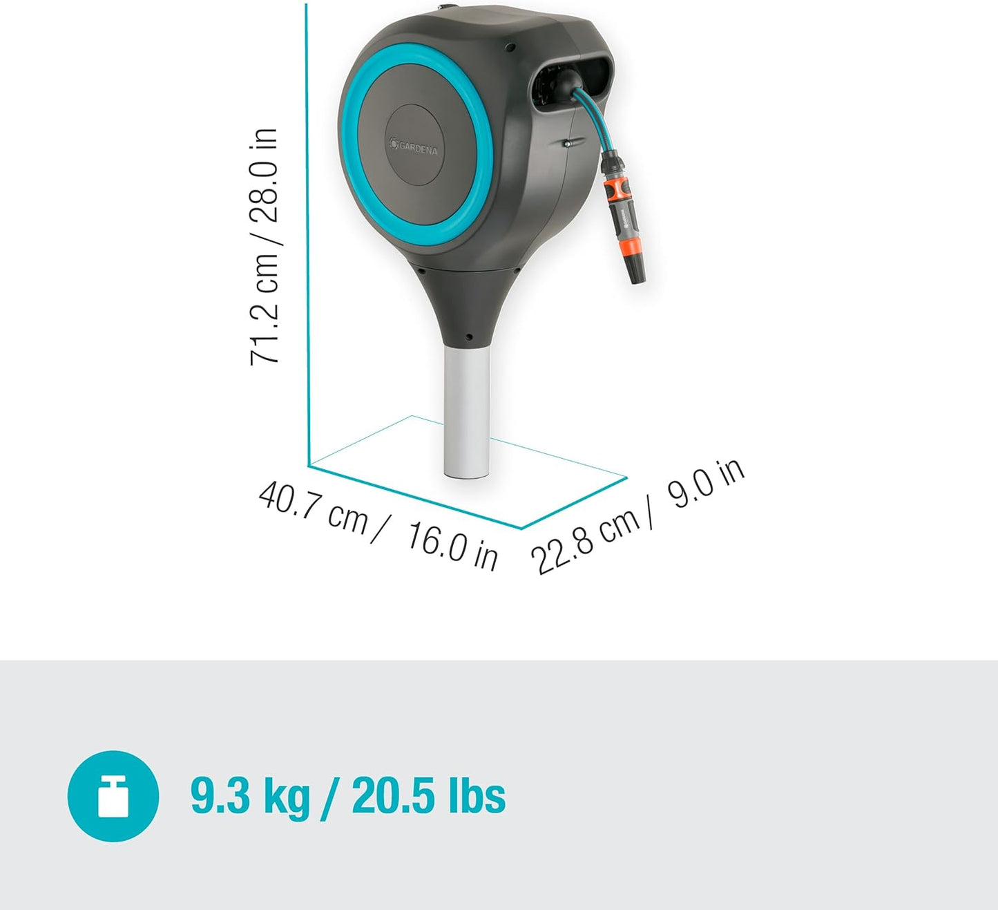 GARDENA 18614 | 66' x 1/2" Automatic Retractable Garden Hose Reel on Metal Spike, Outside Garden Hose with 360° swivel. No Holes in your house, Easy Installation, No Tools Required