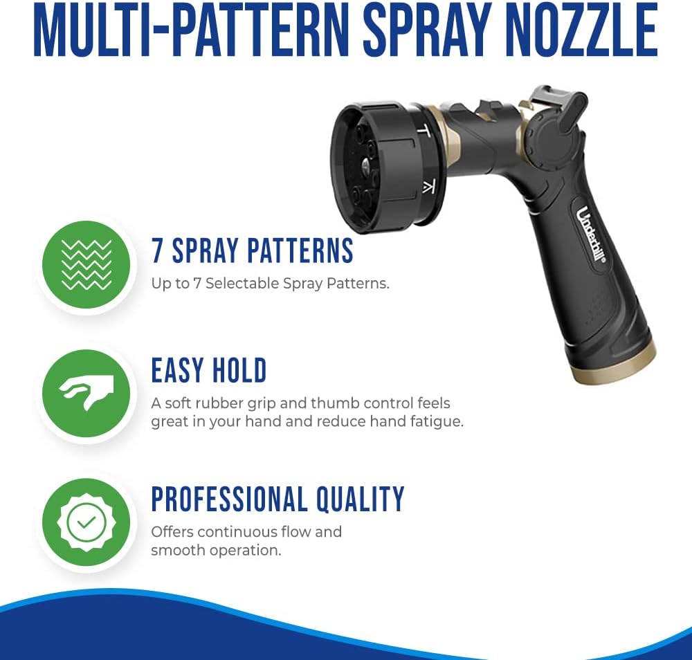 Underhill Pattern Master Gold Series Garden Water Hose Nozzle Sprayer Head, 3/4-Inch Thread Inlet, Heavy-Duty, Adjustable 7 Spray Patterns, NG250-8S