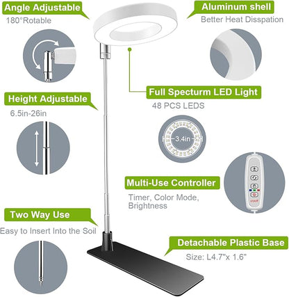 Grow Lights for Indoor Plants, 48 LEDs Full Spectrum Halo Plant Grow Light, Height Adjustable Growing Lamp with Detachable Base, 3/9/12Hrs Timer, 10 Brightness, 3 Color Modes, 5 Pack