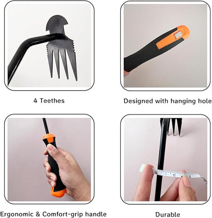 Hand Weeding Tool, Uprooting Weeder Tool Portable Garden Weed Remover with Handle, 4 Teeth Stainless Steel Weed Puller for Garden Backyard Farm Planting & Weeding (Rubber Handle)