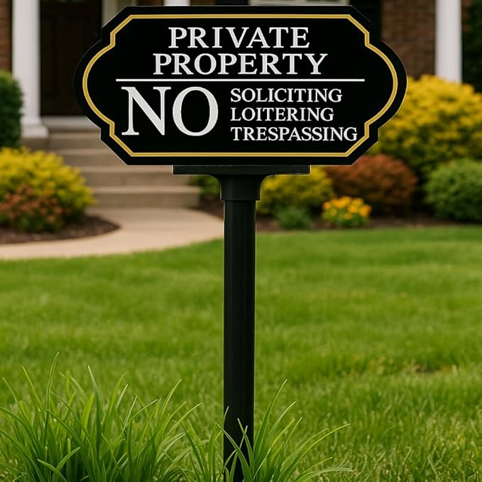 Large Private Property No Soliciting Yard Sign - Elegant Black with UV Protection, 14x7 Inch/35 inch Height, Durable Aluminum with Fiberglass Stake, Weatherproof, Easy-Install for Lawns and Gardens (2-Pack)