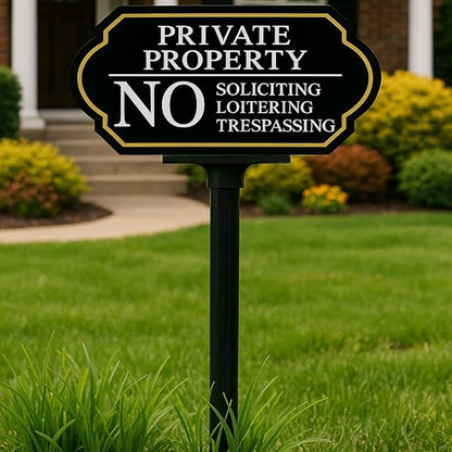 Large Private Property No Soliciting Yard Sign - Elegant Black with UV Protection, 14x7 Inch/35 inch Height, Durable Aluminum with Fiberglass Stake, Weatherproof, Easy-Install for Lawns and Gardens (2-Pack)