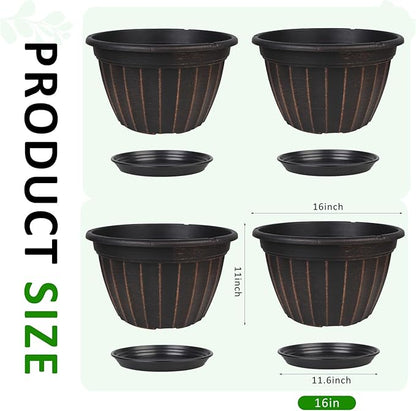 FGstyle 4 Pack 16 inch Plant Pots, Retro Vertical Stripe Planters with Drainage Holes and Saucer, Sturdy Plastic Garden Flower Pots for Indoor & Outdoor Plants(Black)