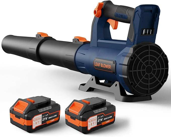 Leaf Blower Cordless with 2× 5.0Ah Batteries and Charger, 21V Electric, Lightweight Battery Powered Blowers for Lawn Care, Yard, Patio Cleaning, Blowing Leaves & Dust, Dark Blue
