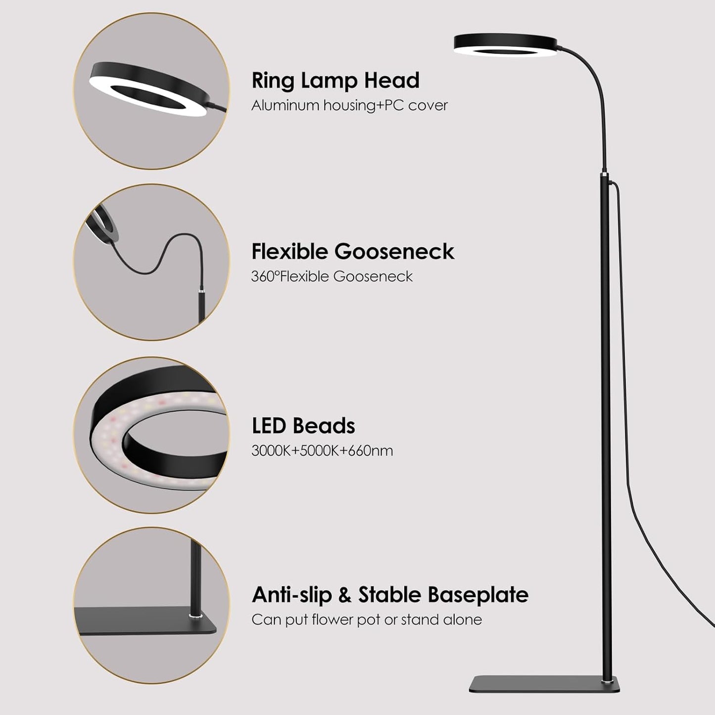 GLOWRIUM Grow Lights for Indoor Plants, 20W Full Spectrum LED Grow Light Floor Lamp with Stand Adjustable Height and Angle, Black Plant Light with 3/9/12H Grow Light Timer