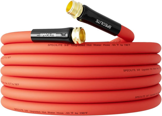 SPECILITE Hot/Cold Water Hose 5/8" x 25 ft,Heavy Duty Red Garden Hose -50℉ to 190℉,Flexible & Lightweight Rubber Hoses With 3/4" Brass Fittings for Yard,Outdoor,Farm