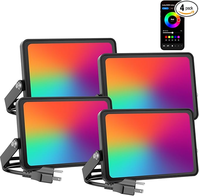 Onforu LED Flood Light Outdoor 25W 2000LM, Color Changing Led Stage Lights Bluetooth APP Control Uplighting, 4 Pack 2700K RGBW Uplights for Events, Spot Lights 16 Million Colors Music Sync, IP66