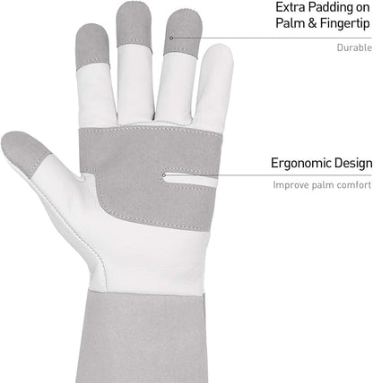 HANDLANDY Long Gardening Gloves for Men & Women, Thorn Proof Rose Pruning Gloves Leather Gauntlets Garden Glove Yard Work Glove (Medium, Grey)