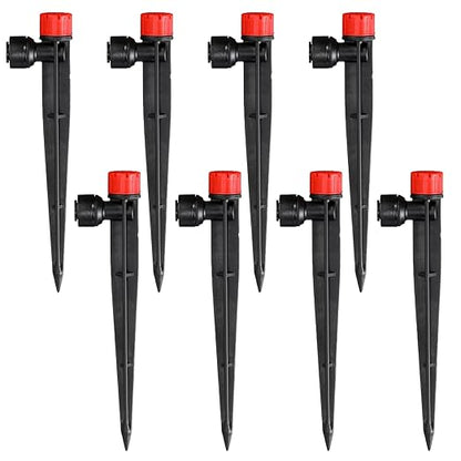 50 Pack Quick-Connect Irrigation Drippers for 1/4'' Irrigation Tubing 8 Hole Sprinkler Heads Push-to-Fit Drip Irrigation 360 Degree Adjustable Drip Emitters with Stake for Garden Patio Flower(Red)
