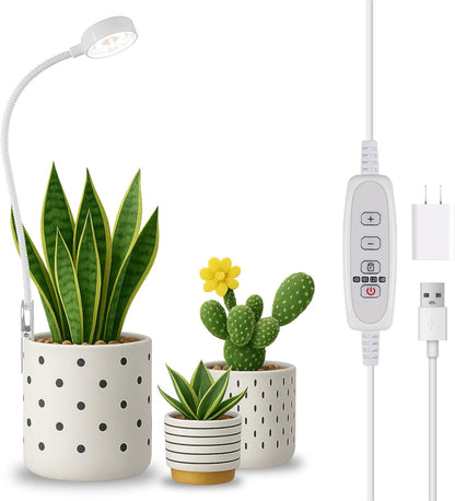 Grow Lights for Indoor Plants, Pot Clip LED Plant Lights for Indoor Growing, Full Spectrum, Plant Lamp with 5-Level Dimmable, Auto On Off 4/8/12/18 Hrs Timer for Succulents, Small Plant, White, 5V.