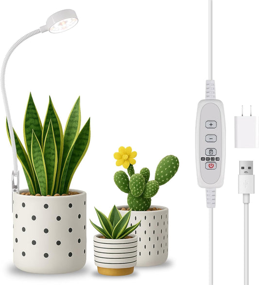 Grow Lights for Indoor Plants, Pot Clip LED Plant Lights for Indoor Growing, Full Spectrum, Plant Lamp with 5-Level Dimmable, Auto On Off 4/8/12/18 Hrs Timer for Succulents, Small Plant, White, 5V.