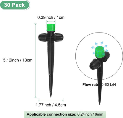 30-Pack Drip Irrigation Emitters Sprayers, Drippers on 5"/13mm Stake Adjustable 360 Degree Water Flow 8 Holes for 1/4" Drip Irrigation Tubing for Watering System [Dark Green, Drip]